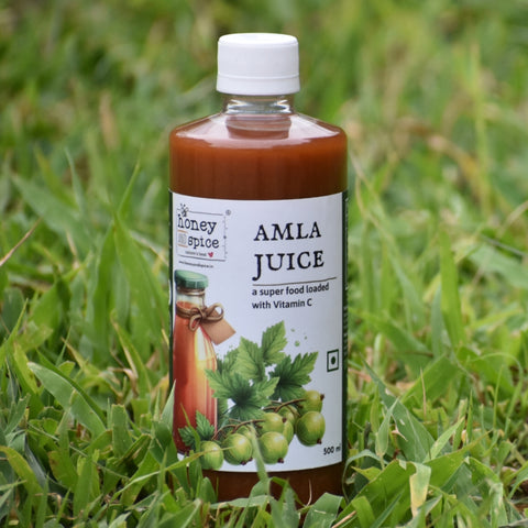 Bottle of Amla Juice placed on green grass.