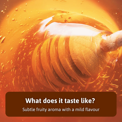 Dark Golden honey with a honey dipper, highlighting a fruity aroma with a mild flavour.
