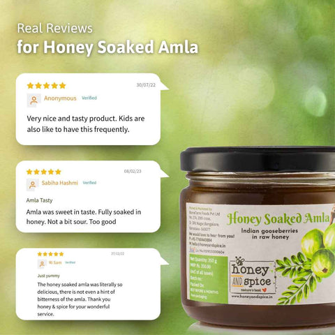 Real customer reviews for Honey Soaked Amla - highlighting taste and health benefits.