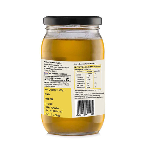 Wild Acacia Honey 500g jar with nutritional facts, ingredients, FSSAI label, and barcode
