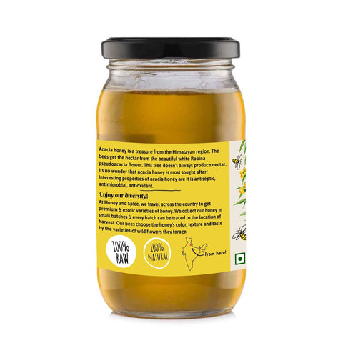 Back label of Wild Acacia Honey jar – pure raw honey from Himalayan acacia flowers