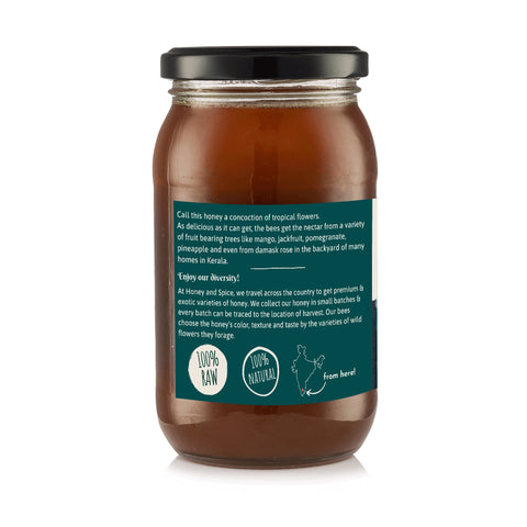 Tropical Blossom honey jar full back view with detailed nutritional table and label