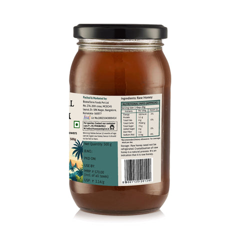 Rear view of Tropical Blossom honey jar without visible label, showing honey color