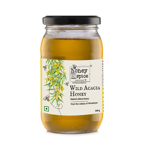 Front view of Honey and Spice Wild Acacia Honey 500g jar – raw