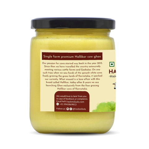 A2 Hallikar Ghee - Back label showcasing story about Hallikar cow ghee.