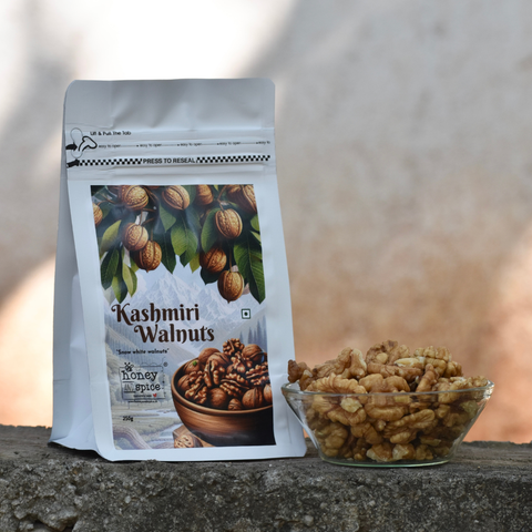 Kashmiri Walnuts 250g pack with bowl of fresh walnut kernels.