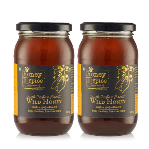 Two jars of Honey and Spice South Indian Wild Honey 500g front view