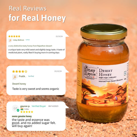 Real customer reviews praising Desert Honey for its sweet, organic taste and pure, with Desert Honey jar.