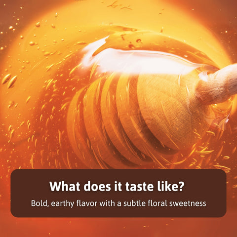 Rich golden honey dripping from a dipper, showcasing its bold, earthy flavor and subtle floral sweetness.