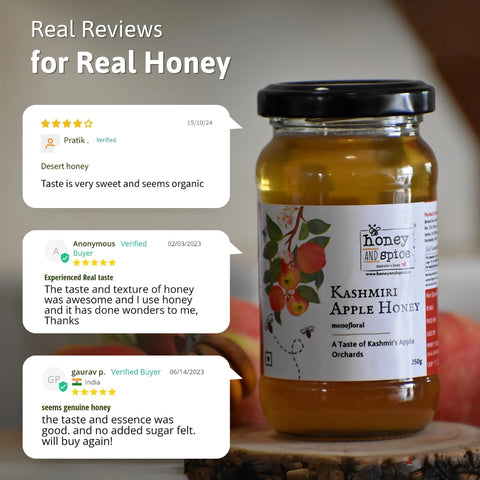 Real customer reviews praising the sweet, organic taste, and texture of Kashmiri Apple Honey with a jar of honey in focus.