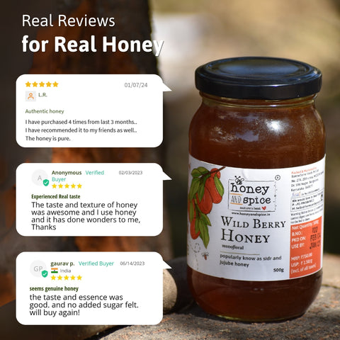 Real customer reviews praising the taste, and texture of Wild Berry Honey with a jar of honey in focus.