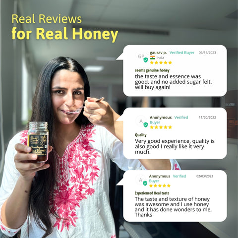 Customer reviews with woman holding Tropical Blossom honey and text overlays