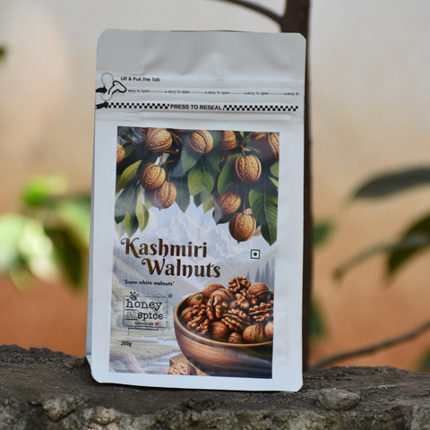 Kashmiri Walnuts pouch front view in natural setting.