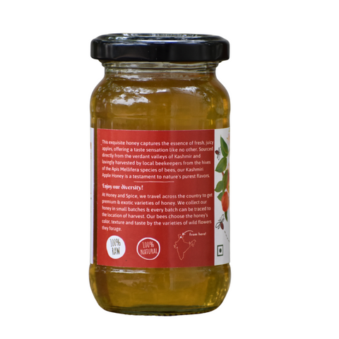 Back view of a Kashmiri Apple Honey jar 250g. showcasing its label with product details, origin, and 100% raw, natural.