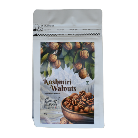 kashmiri walnuts 250g pack front view with white background.