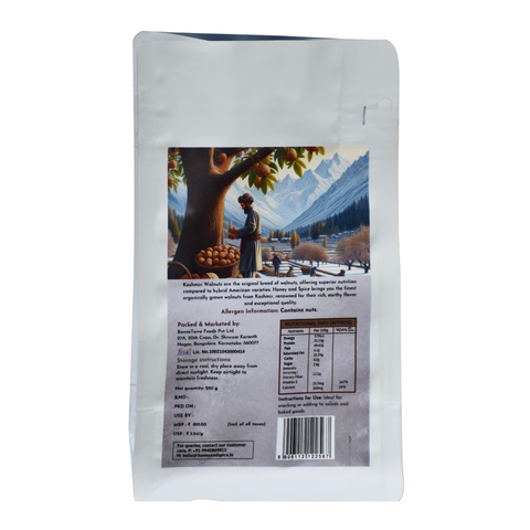 Back of Kashmiri Walnuts pack with nutrition facts. with white background.