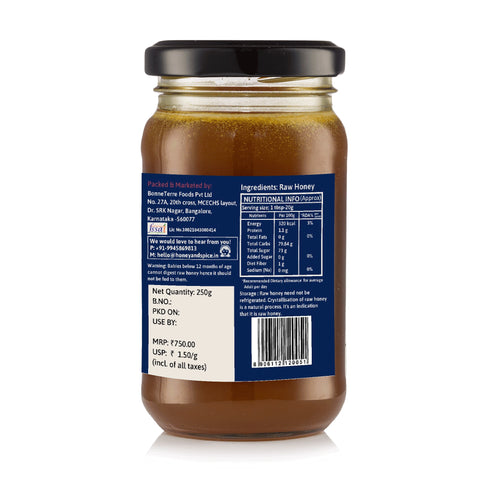 Back view of Bitter Cliff Honey jar of 250 g