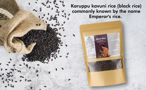 Black rice spilling from a burlap sack with product packaging, highlighting its natural and premium quality.