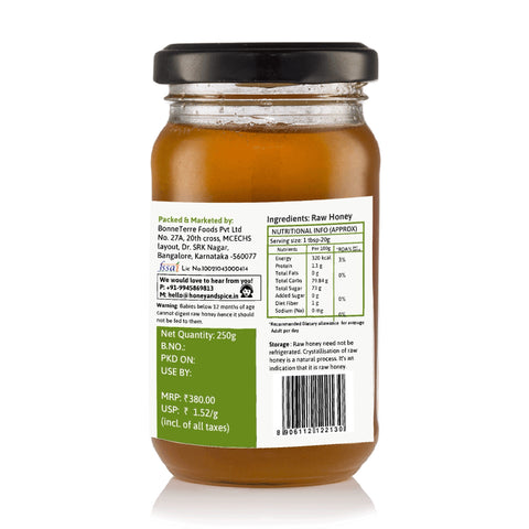 Back view of Buckwheat Honey jar 250g showing clear nutritional facts and product description.