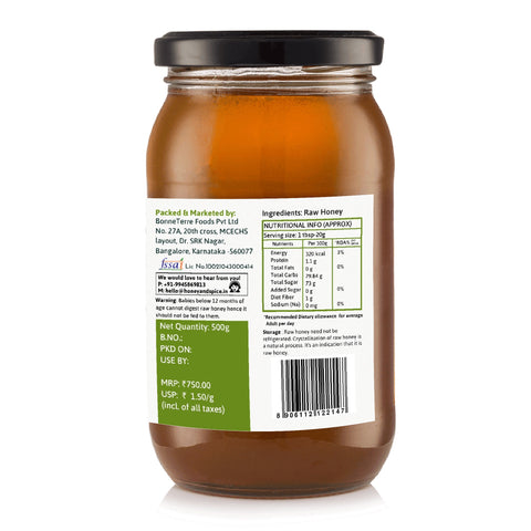 Back view of Buckwheat Honey jar 500g showing clear nutritional facts and product description.