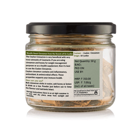 Back side of a glass jar of Ceylon Cinnamon Sticks with detailed product information and barcode.