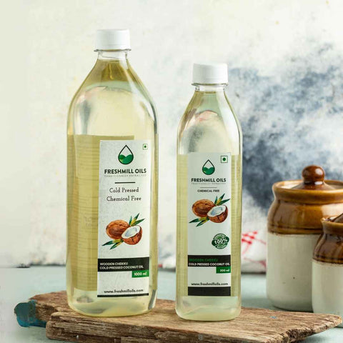 Cold Pressed Coconut Oil – 1L and 500ml bottles, chemical-free and wood-pressed