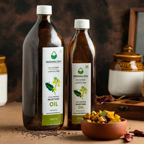 Cold-pressed mustard oil bottles – 1000 ml and 500 ml