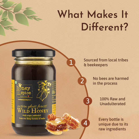 Infographic showing benefits and uniqueness of Wild Honey with honey dipper