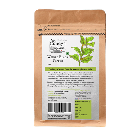 Back view of Whole Black Pepper 200g pouch with origin details from Western Ghats