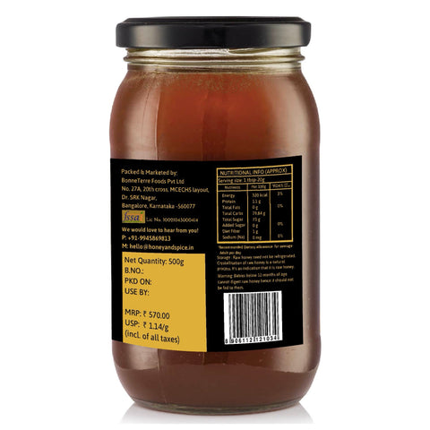 Back view of Himalayan Wild Honey with nutritional facts and natural product certification