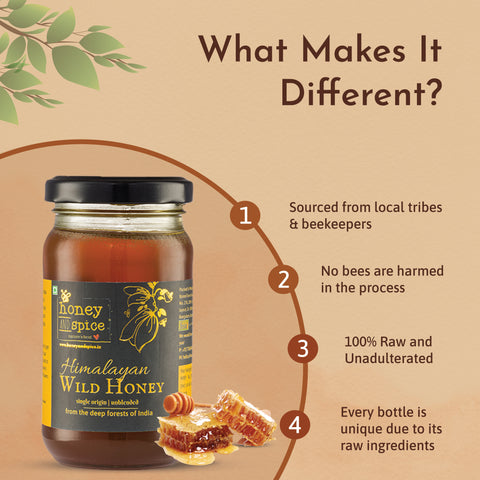 Himalayan Wild Honey features key benefits like 100% raw, sourced from tribes, and bee-friendly harvesting.