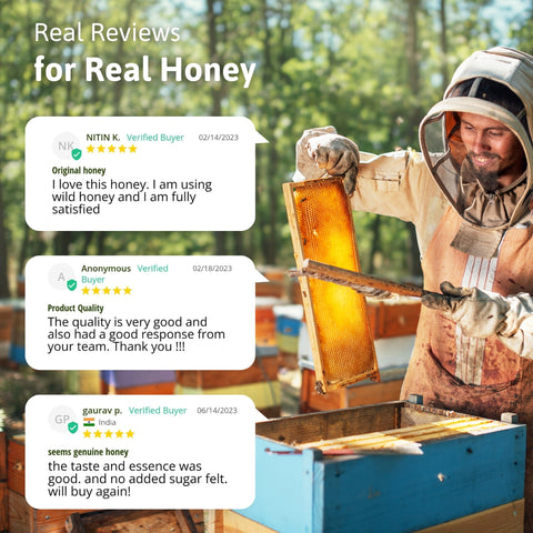 Happy customer reviews for pure wild honey with real beekeeping process shown in the background.