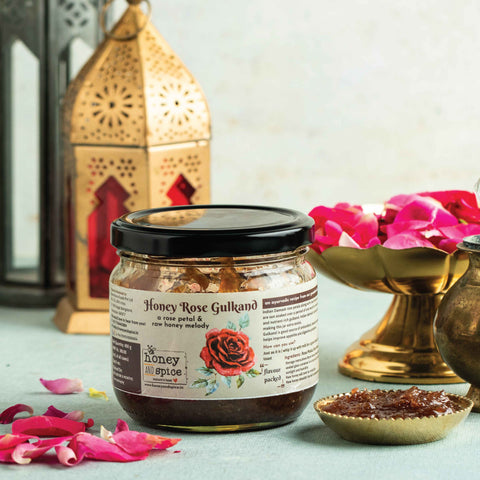 Honey Rose Gulkand styled with traditional decor – rich blend of rose petals and raw honey