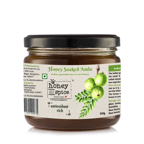 Honey Soaked Amla - antioxidant-rich Indian gooseberries in raw honey, 350g jar.