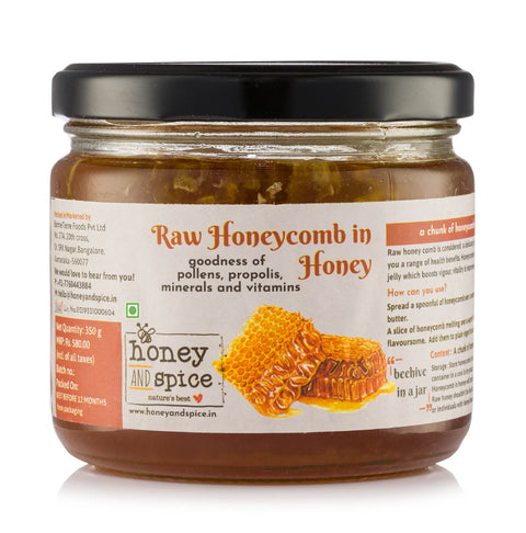 Raw Honeycomb in Honey - goodness of pollens, propolis, vitamins, and minerals, 350g jar.