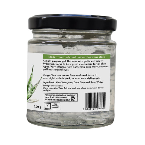 Back view of Aloe Vera Gel jar, highlighting product information and directions for skincare use