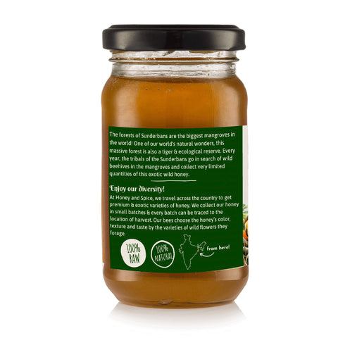 Rear view of Mangrove Honey jar – golden color raw forest honey from Sundarbans