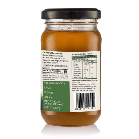 Nutritional facts and ingredients of Mangrove Honey – back label of 250g jar