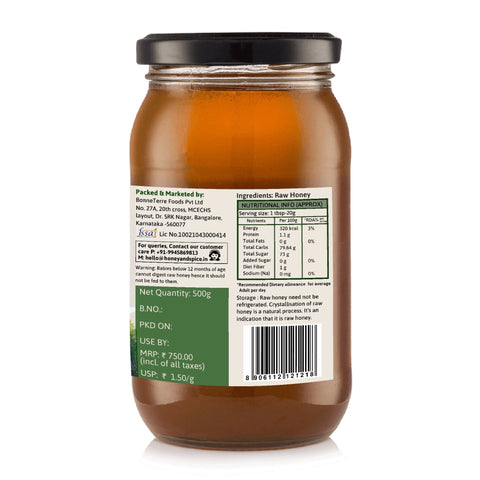 Side label of Honey and Spice Mangrove Honey – packed with nutritional information