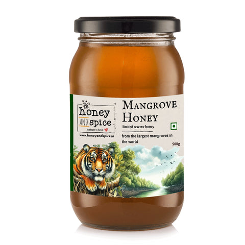Front label of Mangrove Honey 500g jar – raw and natural