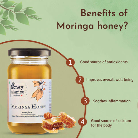 Graphic showing benefits of Moringa Honey including antioxidants, skin health, and digestion