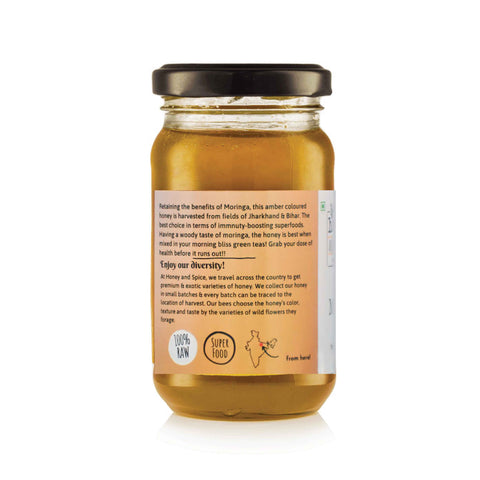 Moringa Honey jar rear side label – detailed nutritional info and certifications