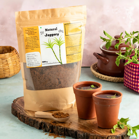 Natural Jaggery Powder in kitchen setup – ideal for healthy traditional Indian drinks and desserts