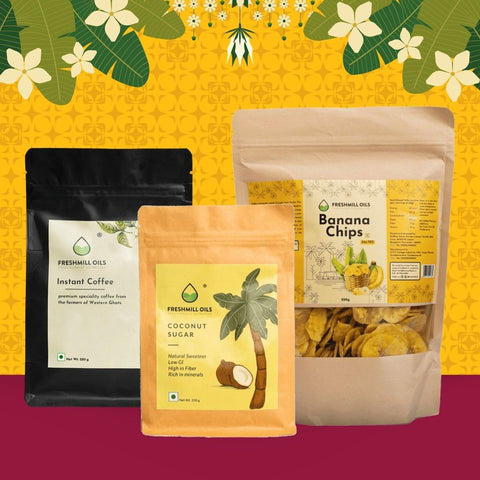 Combo of products featuring Instant Coffee, Coconut Sugar, and Banana Chips in sustainable packaging on a colorful backdrop.