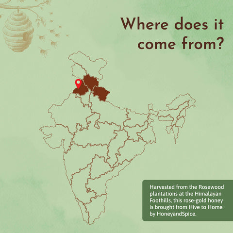 Rosewood Honey origin map showing sourcing from rosewood plantations in North India