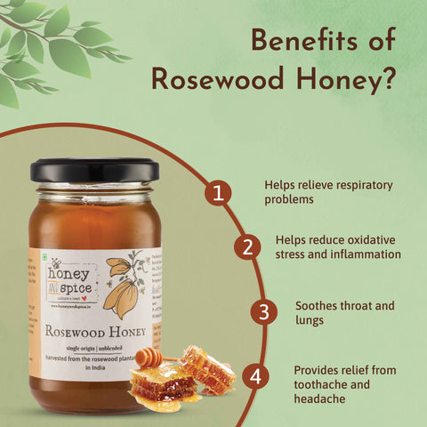 Benefits of Rosewood Honey infographic highlighting health advantages