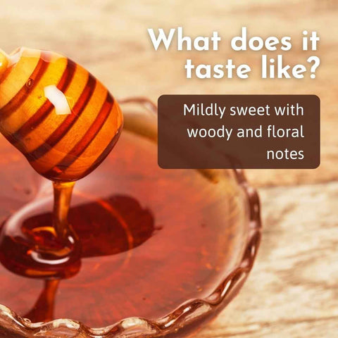 Rosewood Honey taste profile with honey dipper - mildly sweet with woody floral notes