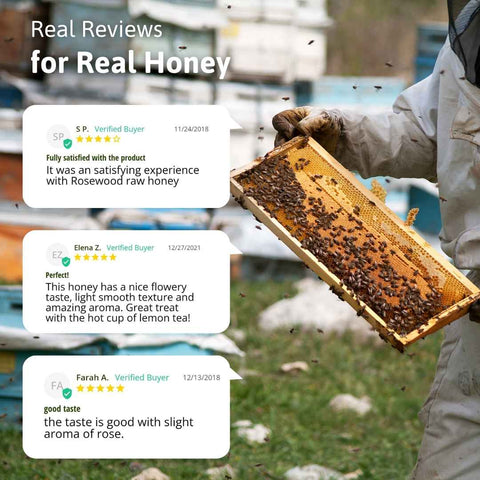 Real customer reviews for Honey and Spice Rosewood Honey with honeycomb background