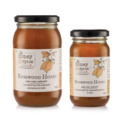 Two Rosewood Honey jars side-by-side with angled labels