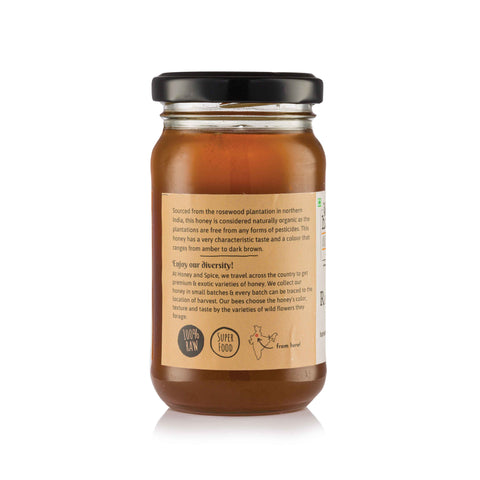 Back view of Rosewood Honey jar with product information
